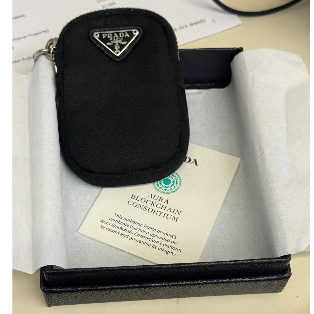 Prada Re-Nylon Mini Pouch Black Enamel Triangle Logo Zip Bag Charm Accessory